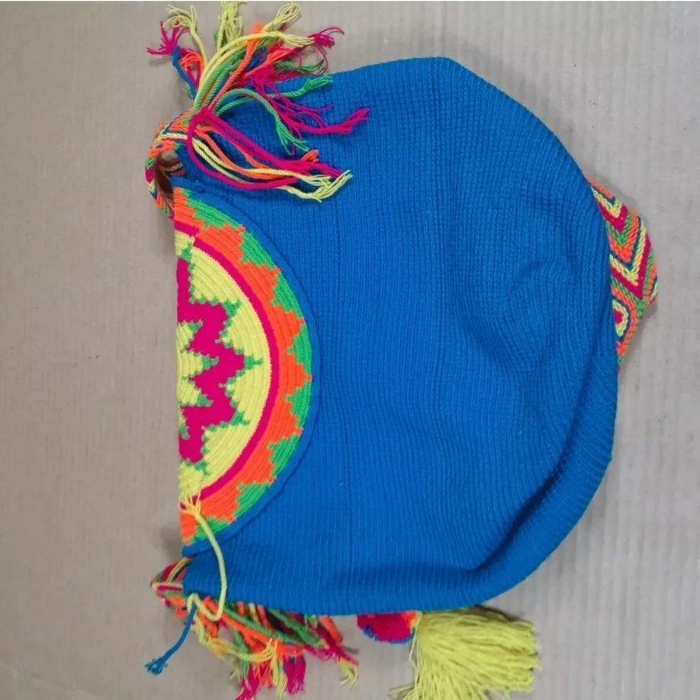 Wayuu Mochila Colombian Bag Turquoise‎ Large  Flap Cover Pompoms Authentic - Picture 6 of 8